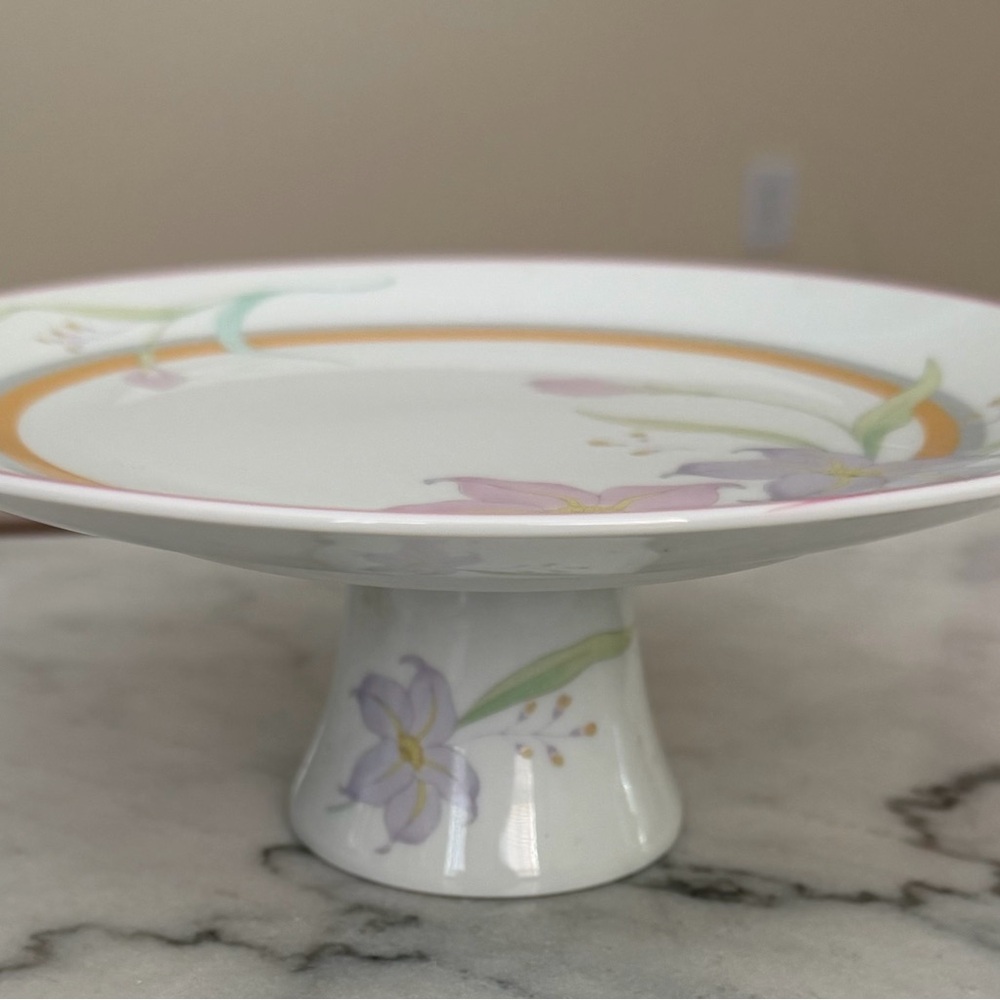 Porcelain Floral Pedestal Cake Stand - White with Lavender Accents